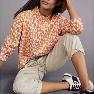 Anthropologie Maeve Cary Mock Neck Sweater Womens Medium Orange Geometric